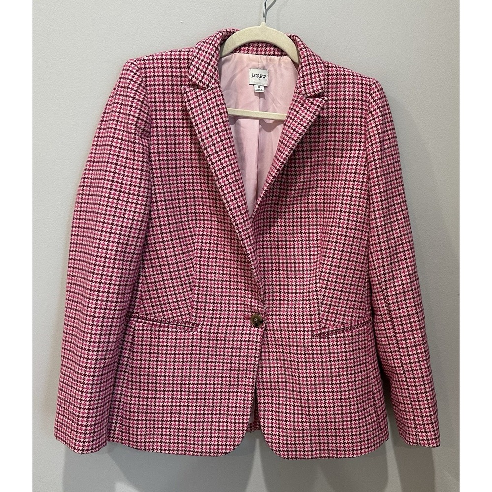 J. Crew Women's Size 8  Pink Houndstooth Wool Blend Blazer Jacket Preppy Classic